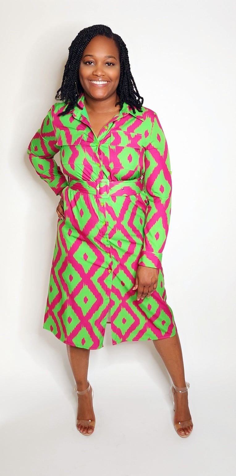 Career Chic Dress (Fuchsia/Green)