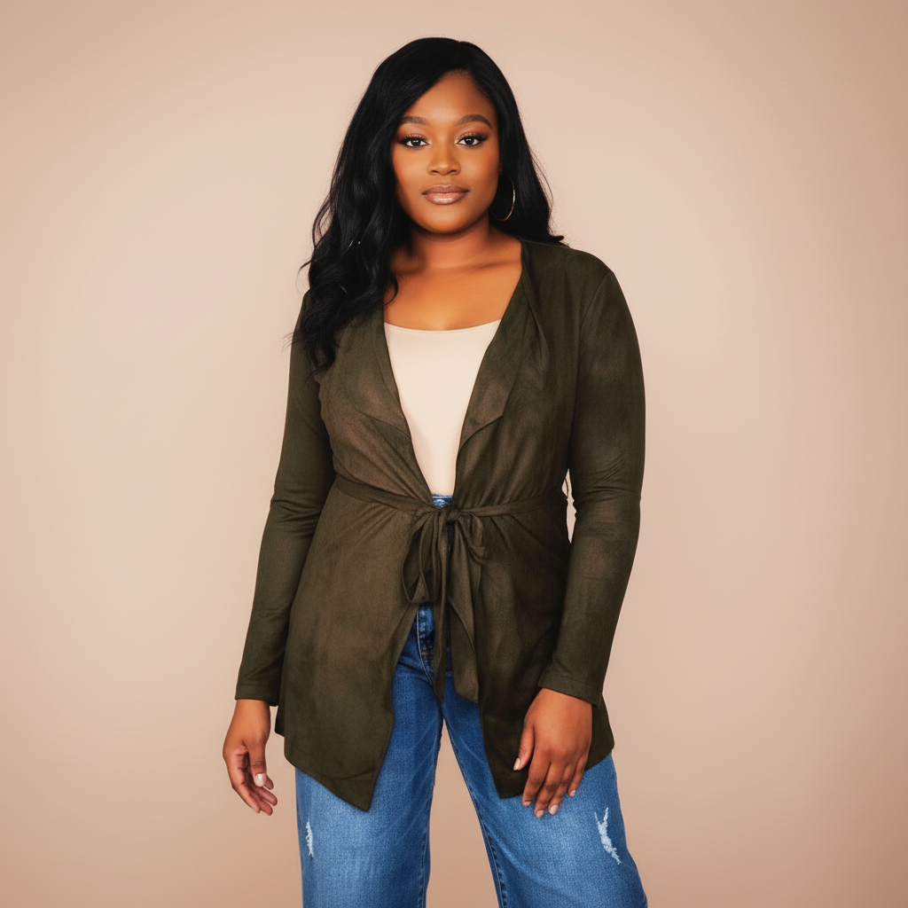 Suede Tie Waist Cardigan - Olive Green