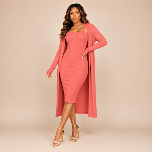 Ribbed Cardigan & Cami Midi Bodycon Dress (Rust)