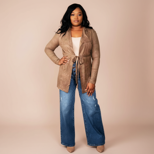 Suede Tie Waist Cardigan - Walnut