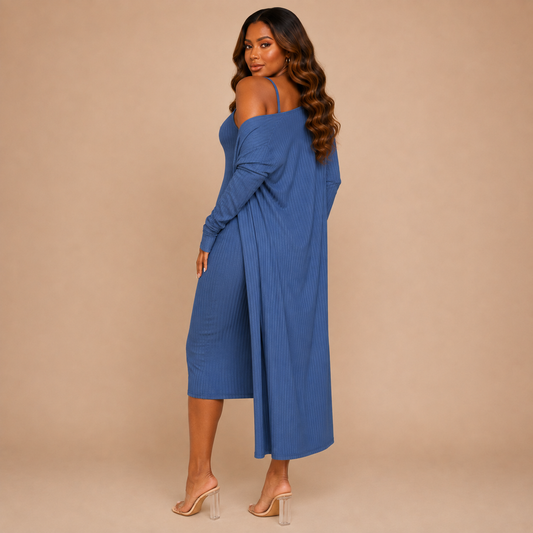Ribbed Cardigan & Cami Midi Bodycon Dress (Blue Haze)