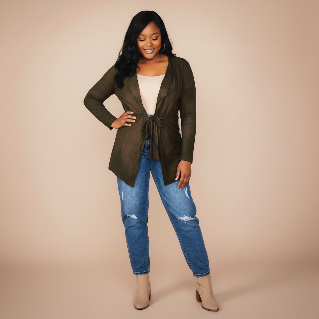 Suede Tie Waist Cardigan - Olive Green