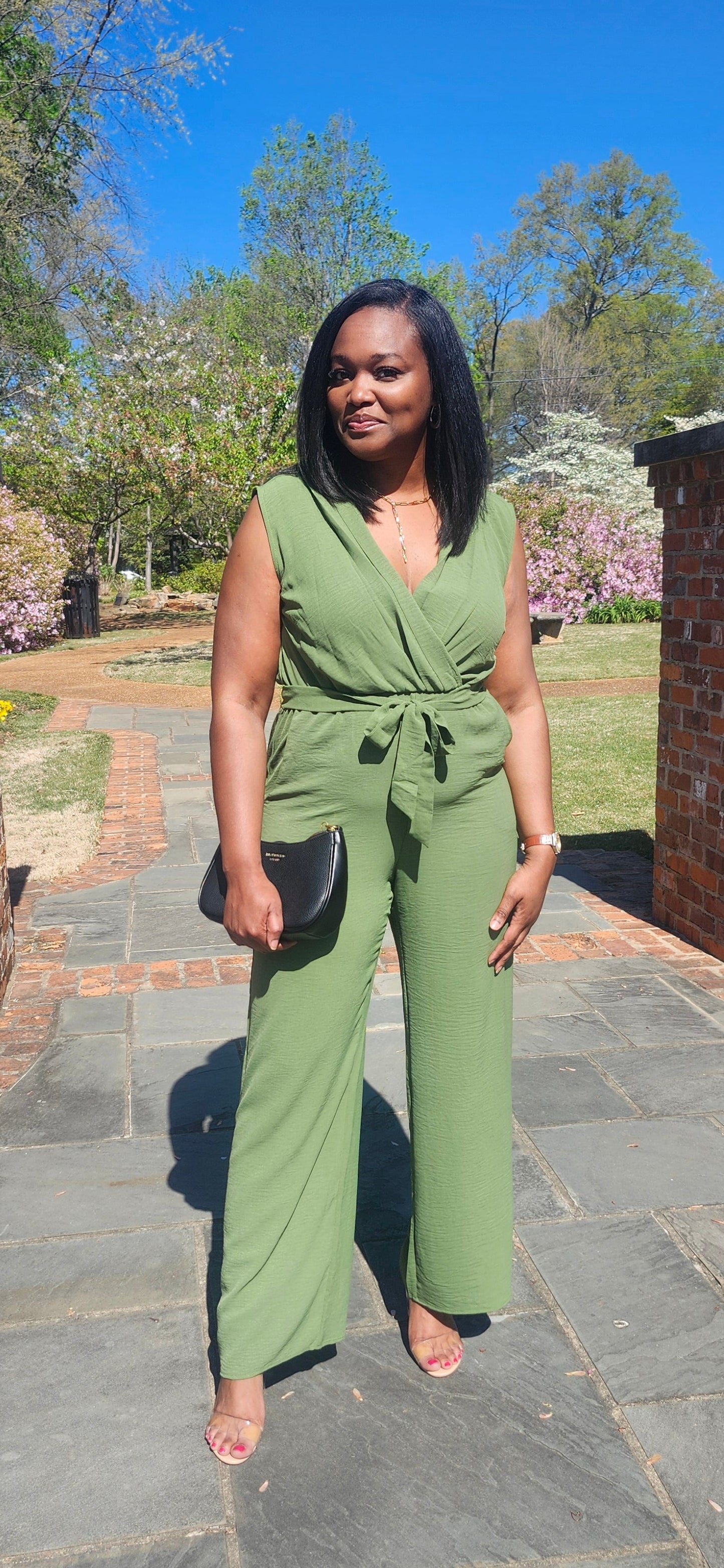 TIE WAIST WRAP JUMPSUIT (Olive Green)