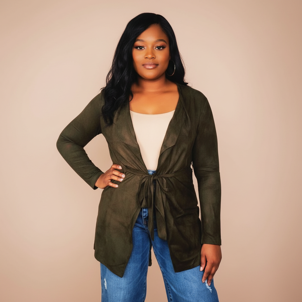 Suede Tie Waist Cardigan - Olive Green