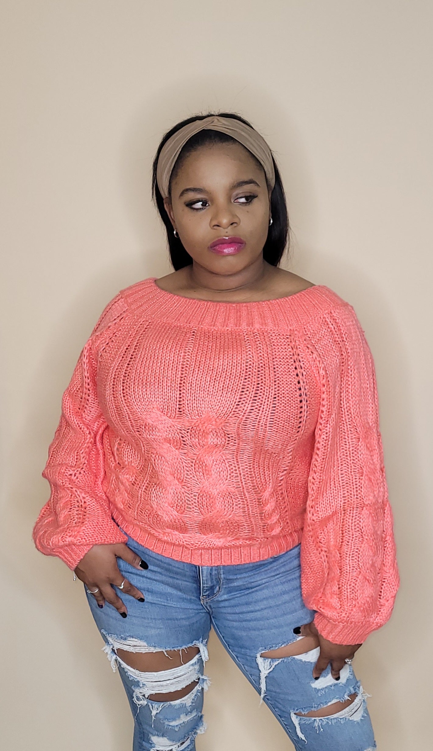 Solid Color Knit Sweater (Plus) - Pink